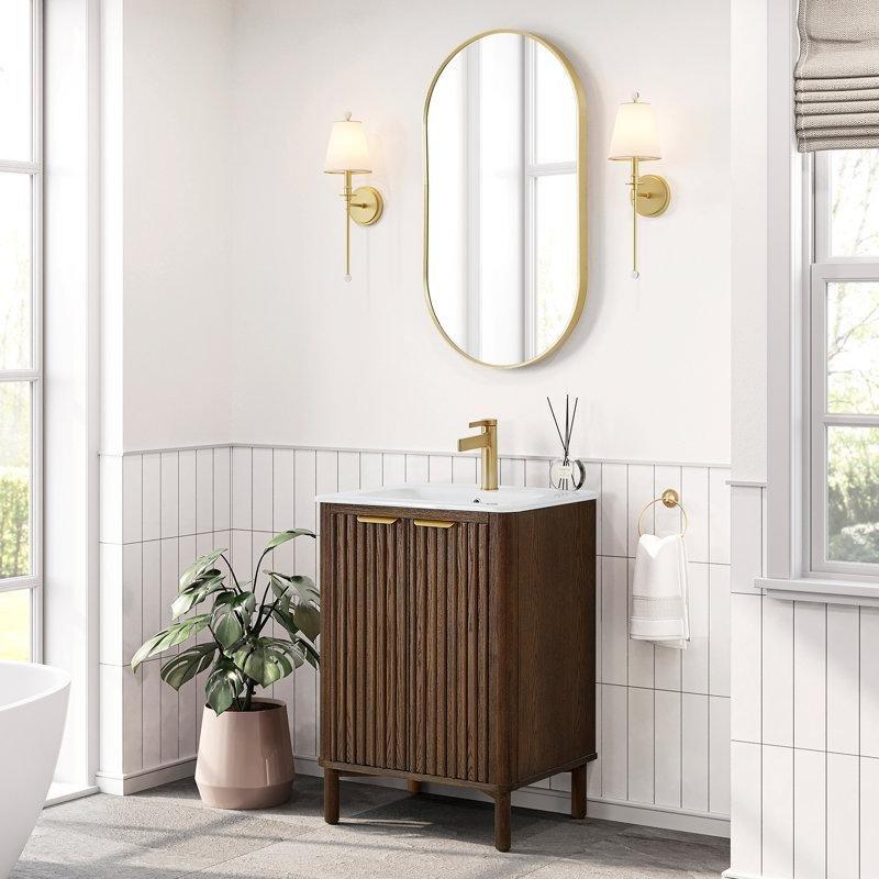 Masif Ahşap Gold Kulplu Dahili Beyaz Seramik Lavabolu Banyo Dolabı - 61 cm - 198588