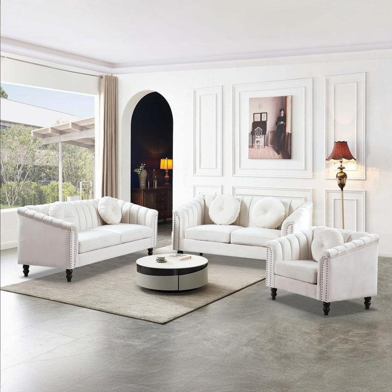 Masif Ahşap İskeletli Chesterfield Kollu Zımba Detaylı Koltuk Takımı - 192268