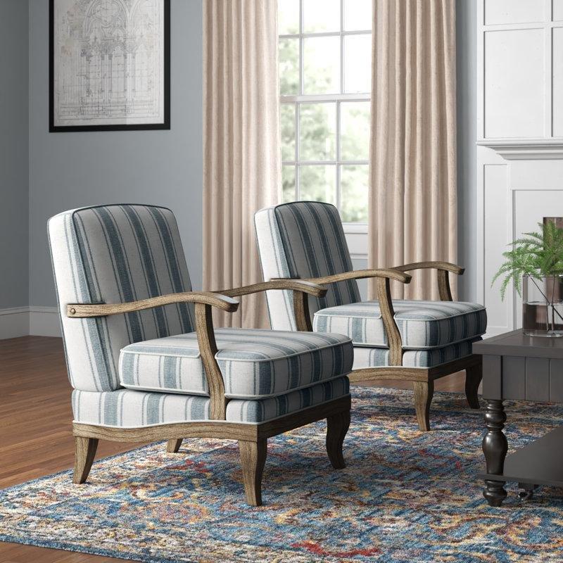 Masif Ahşap İskeletli Çizgili Kumaş Döşemeli 2li Set Tekli Koltuk - 72 cm - 202465