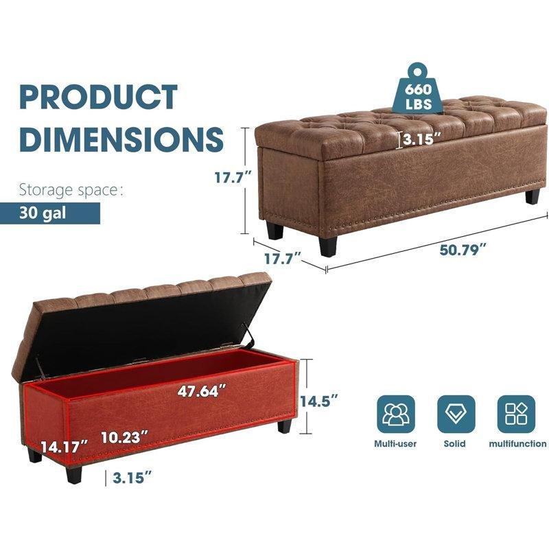Masif Ahşap İskeletli Suni Deri Kapitoneli Sandıklı Dikdörtgen Puf - 130x45 cm - 165061