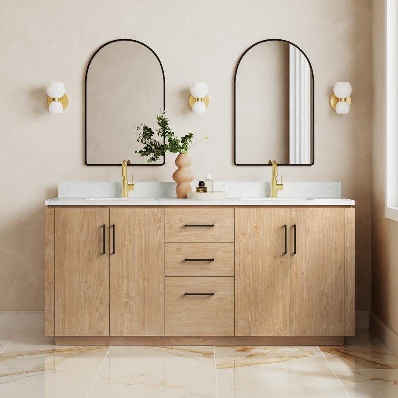 Masif Ahşap Kültür Mermeri Tezgahlı Çekmeceli Çift Lavabolu Banyo Dolabı - 183 cm - 197888