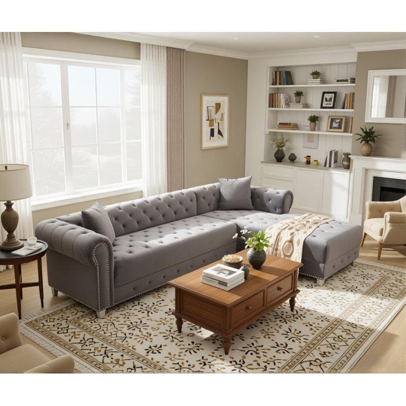 Masif Ahşap Metal Ayaklı Kapitoneli Zımba Detaylı L Köşe Koltuk - 282 cm - 194580