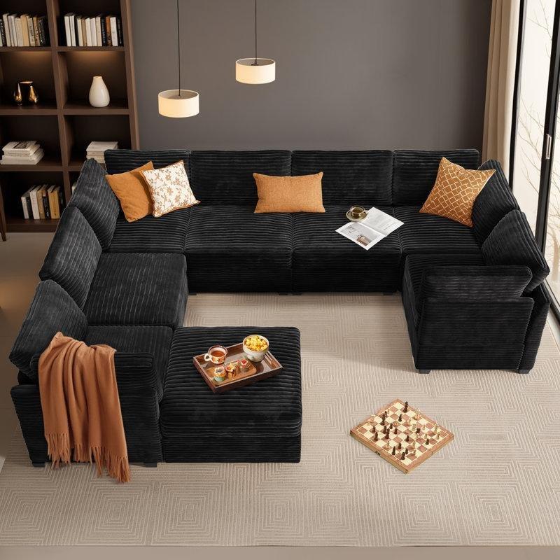 Masif Ahşap Modüler U Şekilli Fitilli Kadife Köşe Koltuk Takımı Puf Dahil - 324x243 cm - 193723