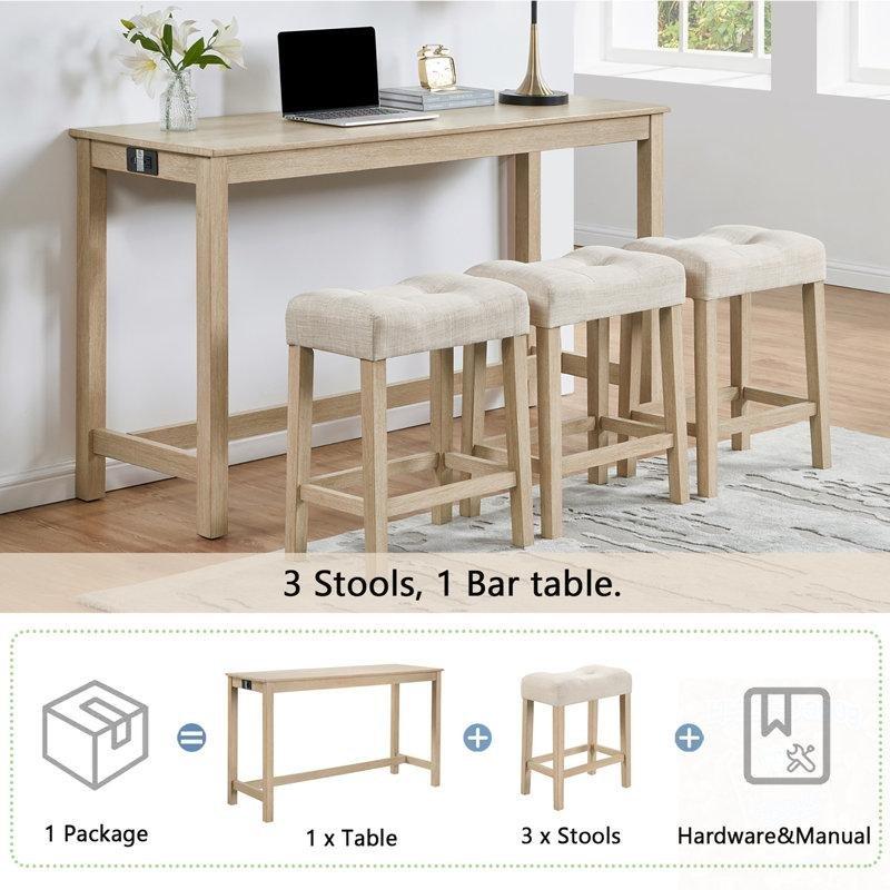 Masif Ahşap Prizli ve USB Portlu 3 Tabureli Koltuk Arkası Dresuar - 150 cm - 218477