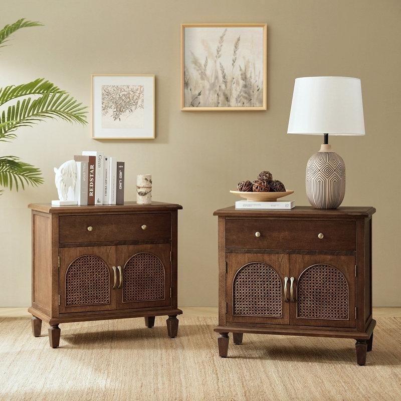 Masif Ahşap Rattan Kapaklı Prizli Çekmeceli İkili Komodin Seti - 72 cm - 223258