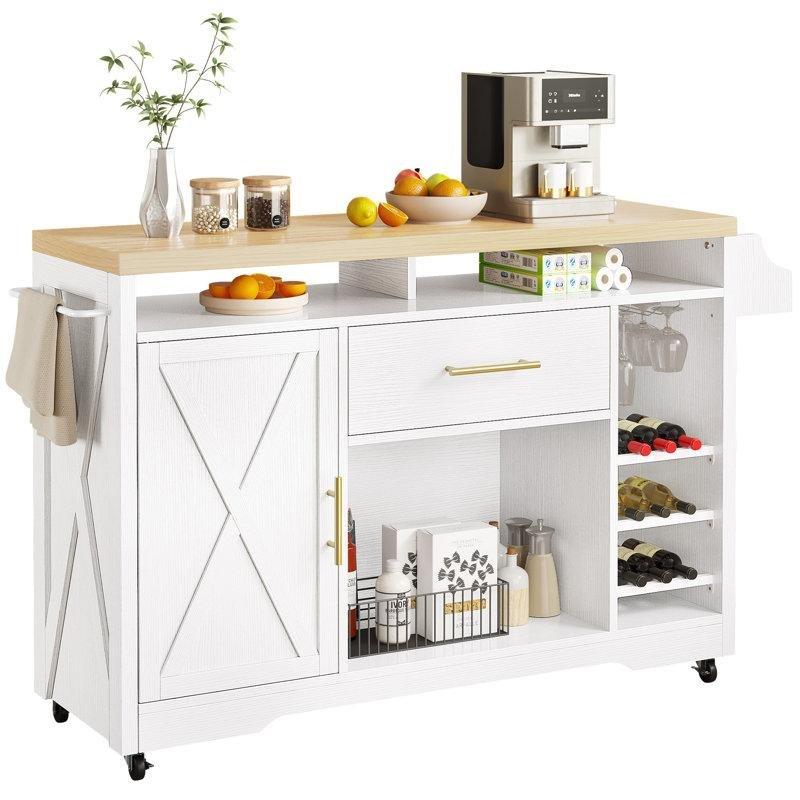 Masif Ahşap Tezgahlı Tekerlekli Prizli ve Dolaplı Mutfak Adası - 135 cm - 176471