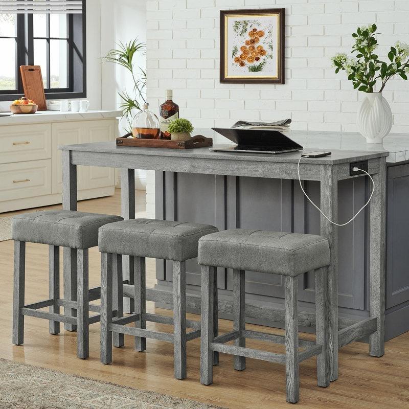 Masif Ahşap ve MDF Dahili Prizli 3 Tabureli Koltuk Arkası Dresuar Seti - 150 cm - 217462