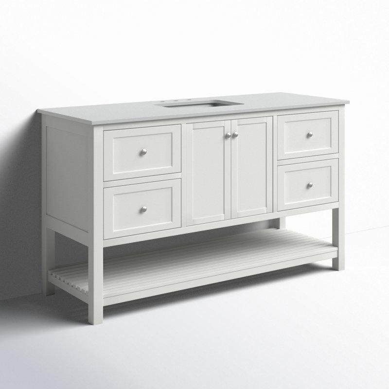 Masif Ahşap ve Taş Tezgahlı Shaker Tarzı Çekmeceli Banyo Lavabo Dolabı - 153 cm - 201831