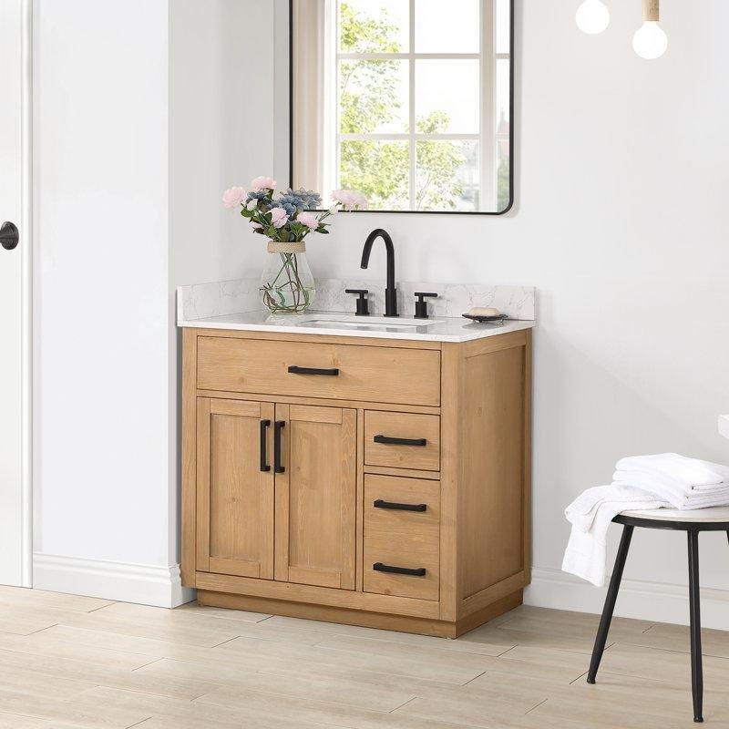 Masif Ahşap ve Taş Tezgahlı Yavaş Kapanır Çekmeceli Banyo Lavabo Dolabı - 92 cm - 199409