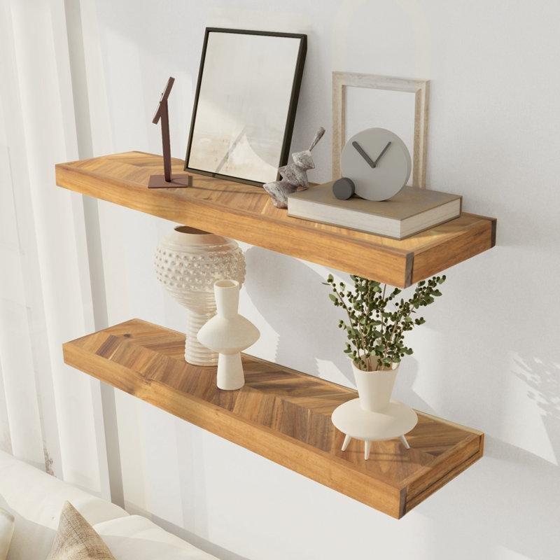 Masif Akasya Ağacı Chevron Desenli İkili Duvar Rafı - 61 cm - 180518