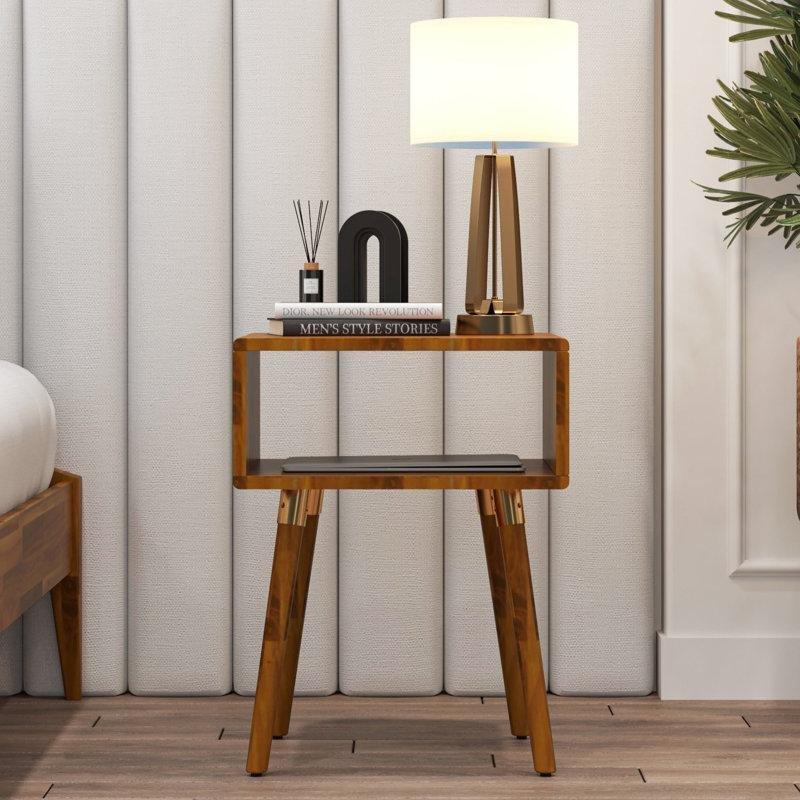 Masif Akasya Ağacı Gold Kulplu Tek Çekmeceli Raflı Komodin - 39x46x60 cm - 223679