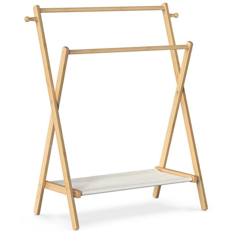 Masif Bambu Katlanabilir Çift Askılı Raflı Çocuk Odası Ayaklı Askılık - 79 cm - 165670