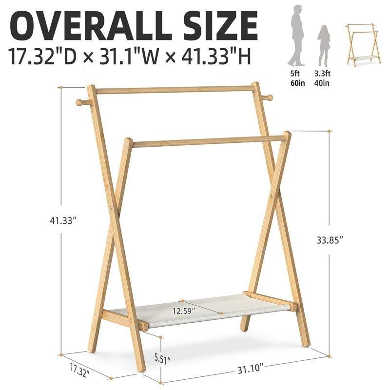 Masif Bambu Katlanabilir Çift Askılı Raflı Çocuk Odası Ayaklı Askılık - 79 cm - 165670