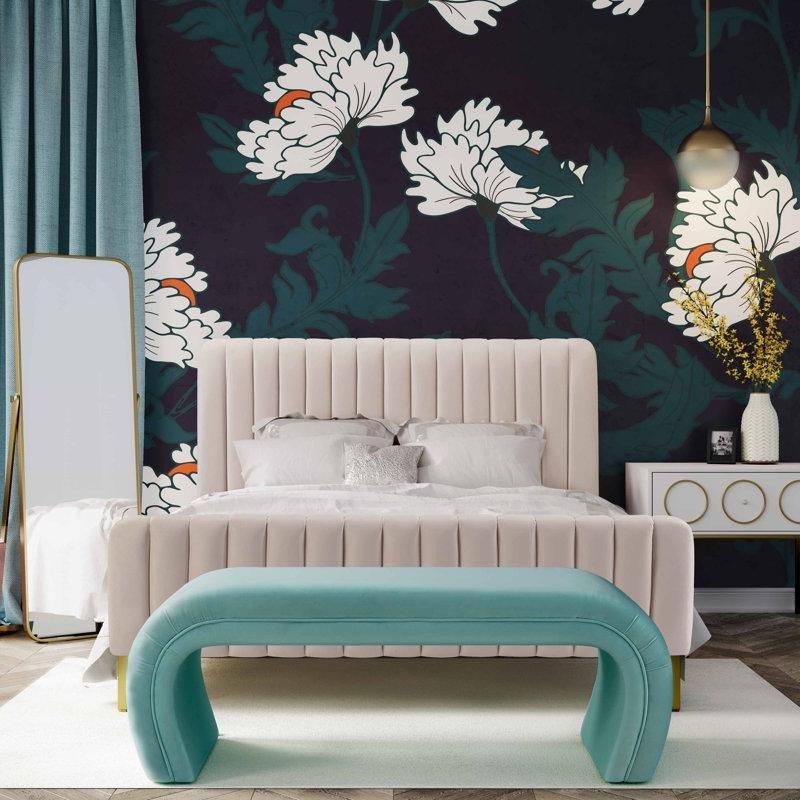 Masif Çam Ayaklı Kadife Döşemeli Bench - 122 cm - 164380