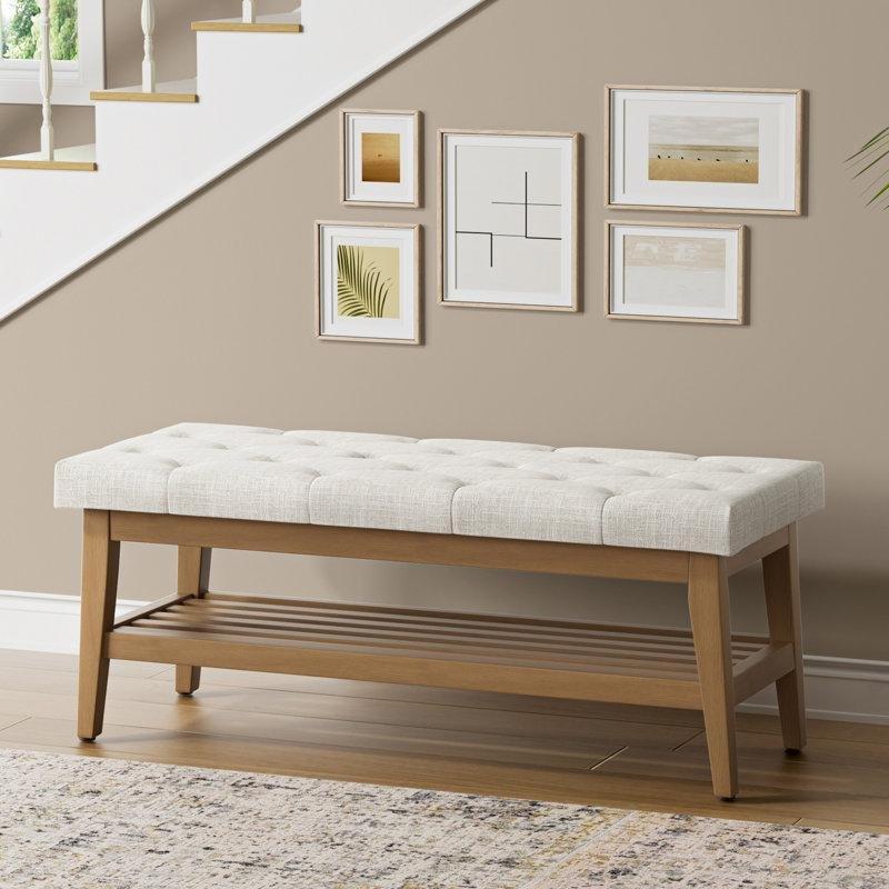 Masif Huş Ağacı Kapitone Döşemeli Raflı Bench - 110 cm - 164725