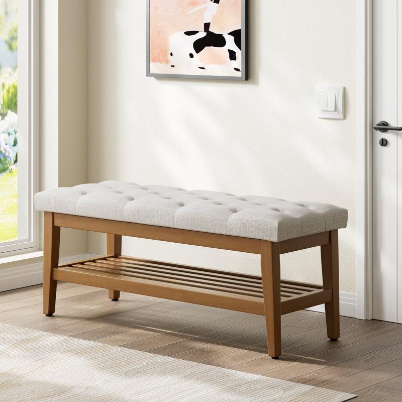 Masif Huş Ağacı Kapitone Döşemeli Raflı Bench - 110 cm - 164725