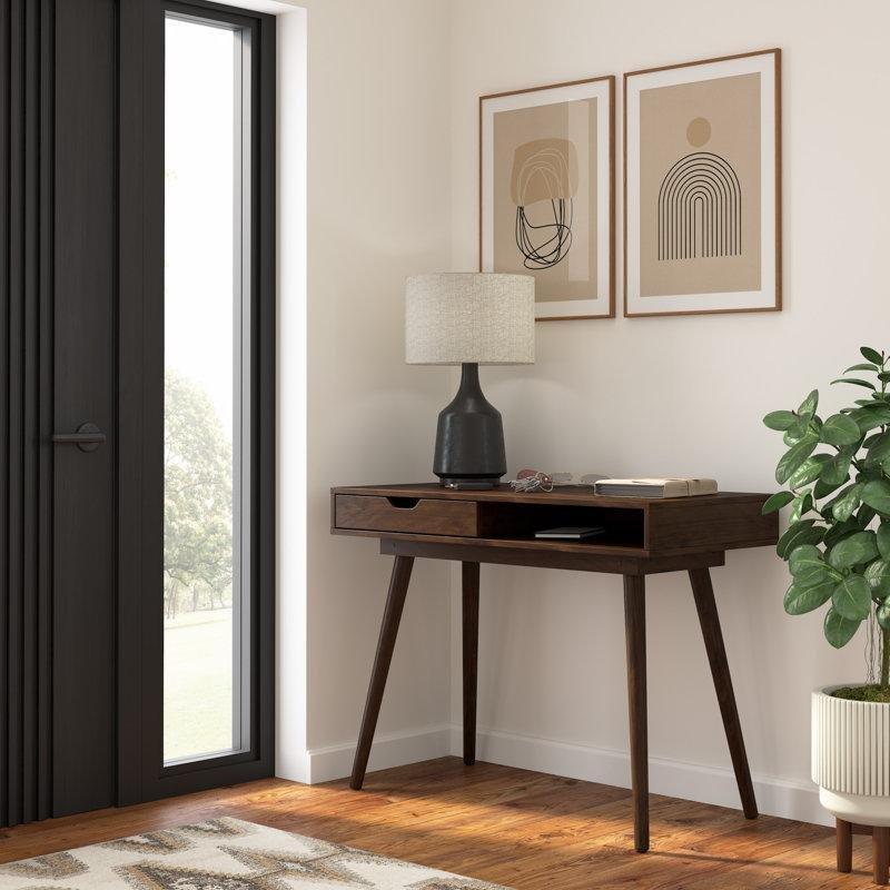 Masif Kauçuk Ağacı Ayaklı Ahşap Çekmeceli Raflı Vintage Çalışma Masası - 102 cm - 234518