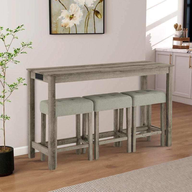 Masif Kauçuk Ağacı ve MDF Prizli USB Şarjlı 3 Tabureli Koltuk Arkası Dresuar - 150 cm - 217600