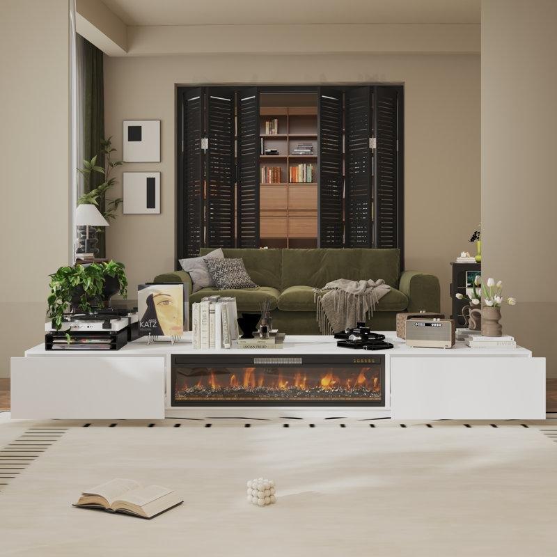 Masif Kayın ve MDF 12 Renkli LED Elektrikli Şömineli TV Ünitesi - 280 cm - 220608