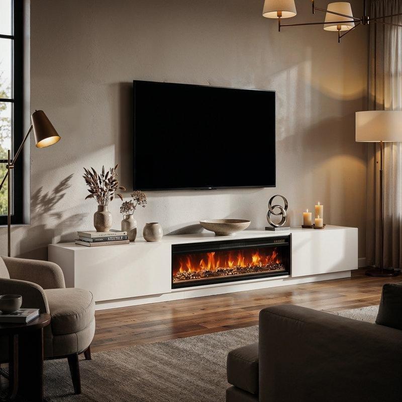 Masif Kayın ve MDF 12 Renkli LED Elektrikli Şömineli TV Ünitesi - 280 cm - 220608