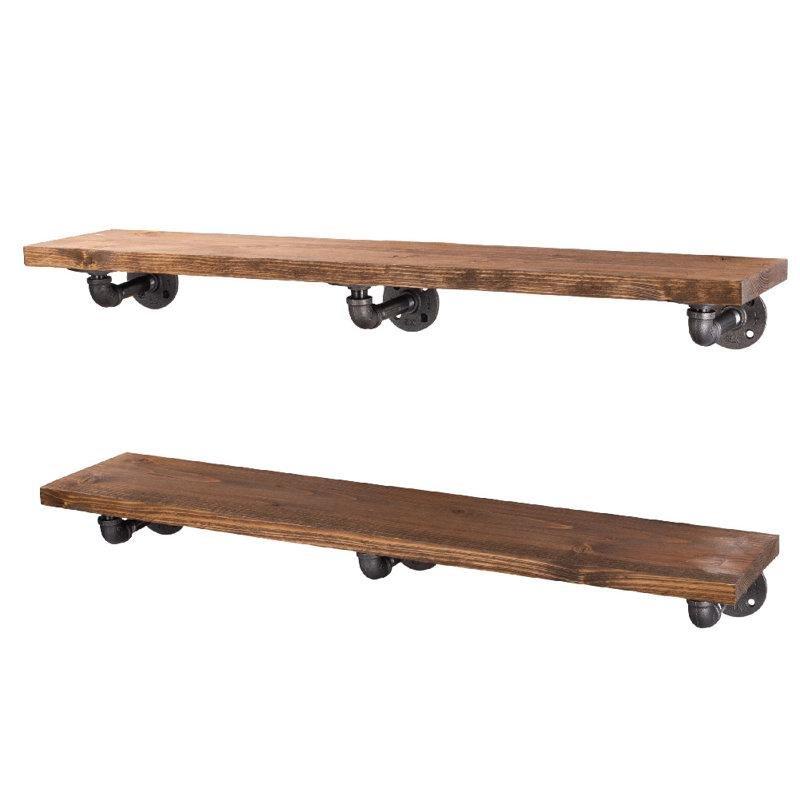 Masif Köknar Ağacı Endüstriyel Boru Tasarımlı 2li Set Duvar Rafı - 92 cm - 179868