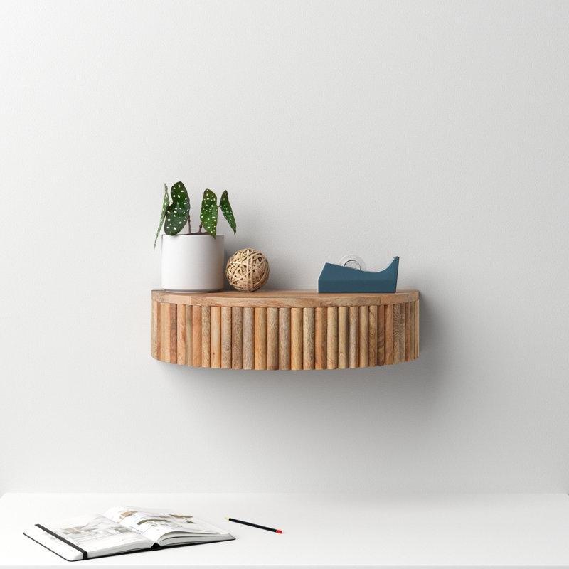 Masif Mango Ağacı Çekmeceli Yivli Yarım Daire Duvar Rafı - 51 cm - 180275