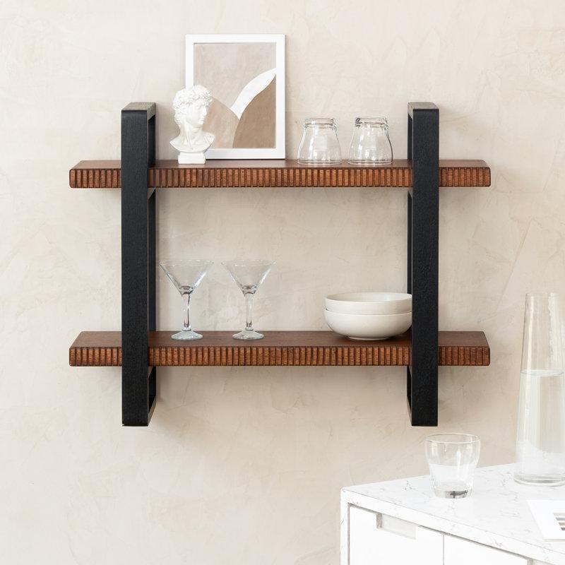 Masif Mango Ağacı İki Katlı Nervürlü Duvar Rafı - 82 cm - 180282