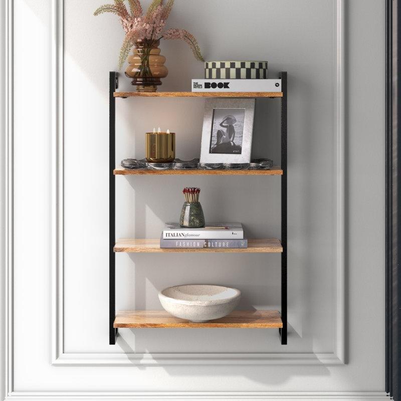 Masif Mango Ağacı ve Metal 4 Raflı Duvar Rafı - 102x67 cm - 176394
