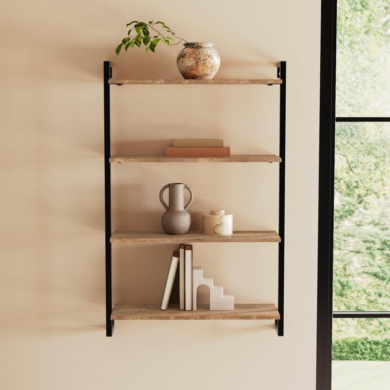 Masif Mango Ağacı ve Metal 4 Raflı Duvar Rafı - 102x67 cm - 176394