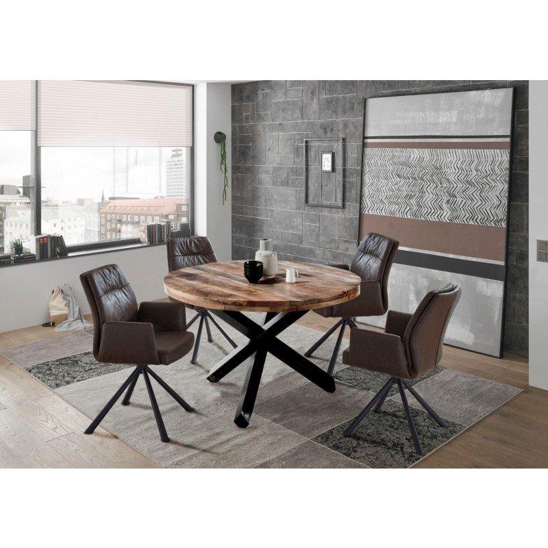 Masif Mango Ağacı ve Metal Ayaklı Yuvarlak Bohem Yemek Masası - 130 cm - 236056