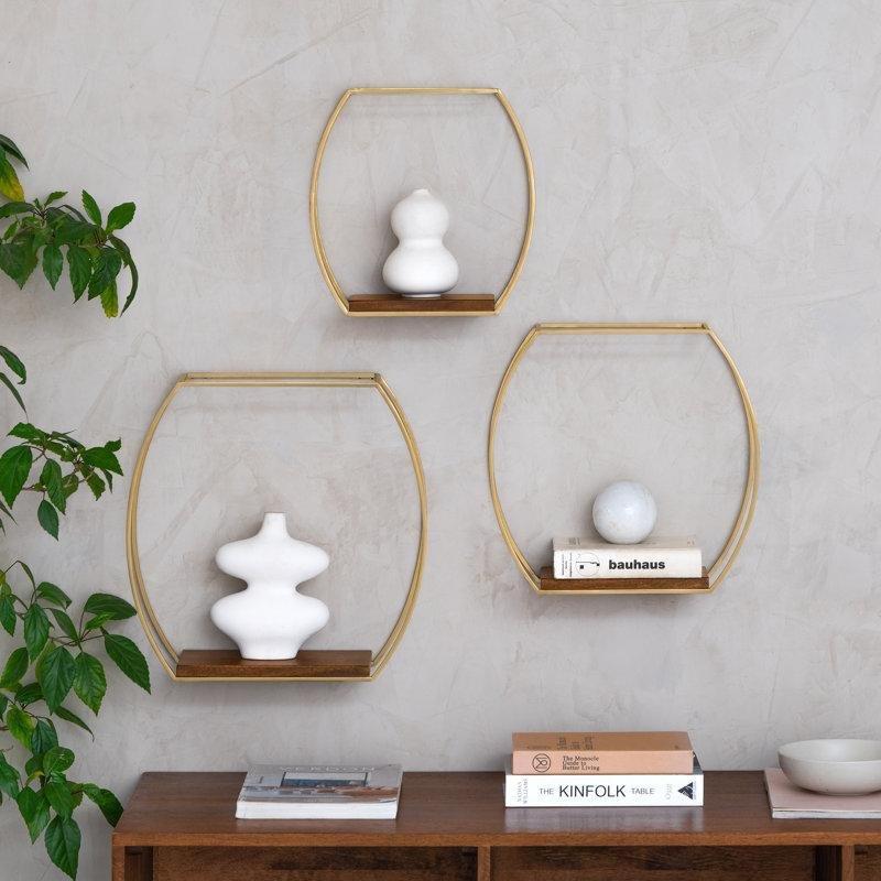 Masif Mango Ağacı ve Metal Oval Tasarım Üçlü Set Duvar Rafı - 41x41 cm - 179715