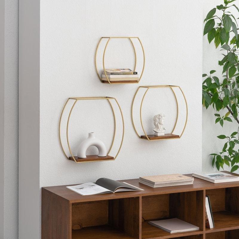 Masif Mango Ağacı ve Metal Oval Tasarım Üçlü Set Duvar Rafı - 41x41 cm - 179715