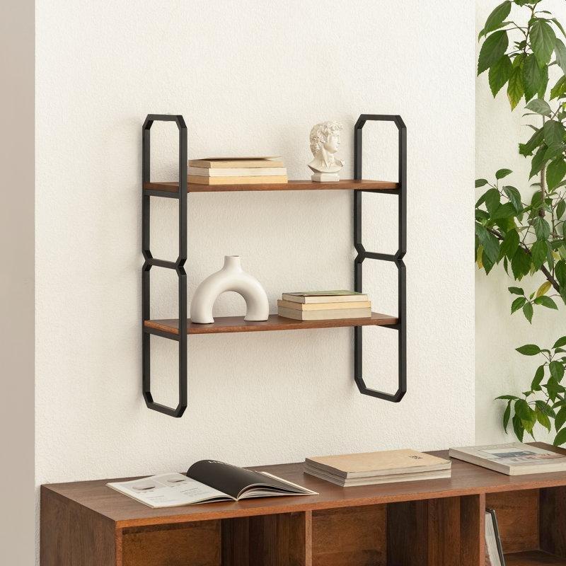 Masif Mango Ahşap ve Metal İki Katlı Duvar Rafı - 61 cm - 179516