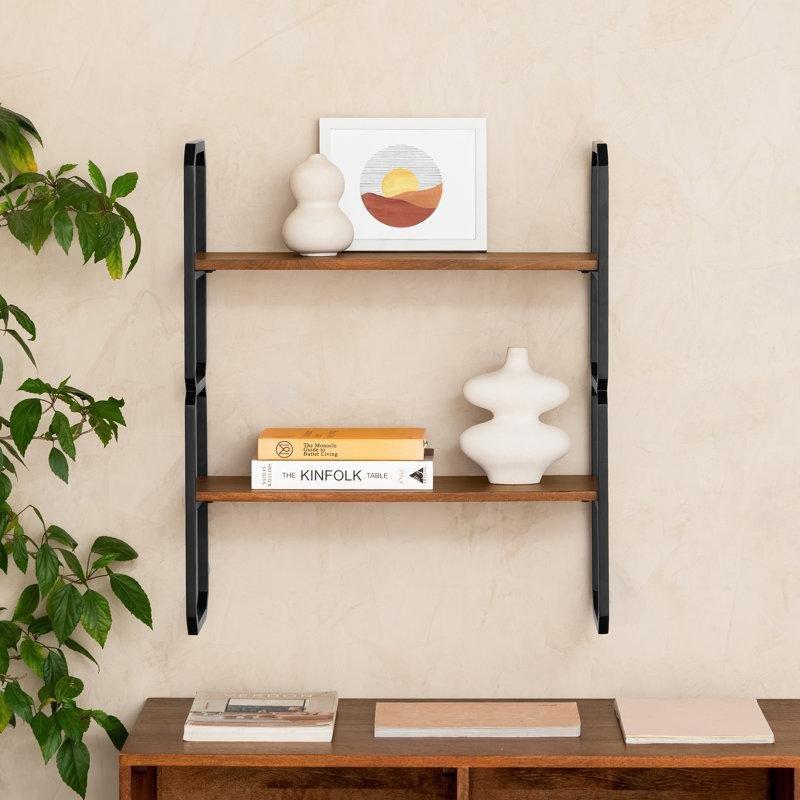 Masif Mango Ahşap ve Metal İki Katlı Duvar Rafı - 61 cm - 179516