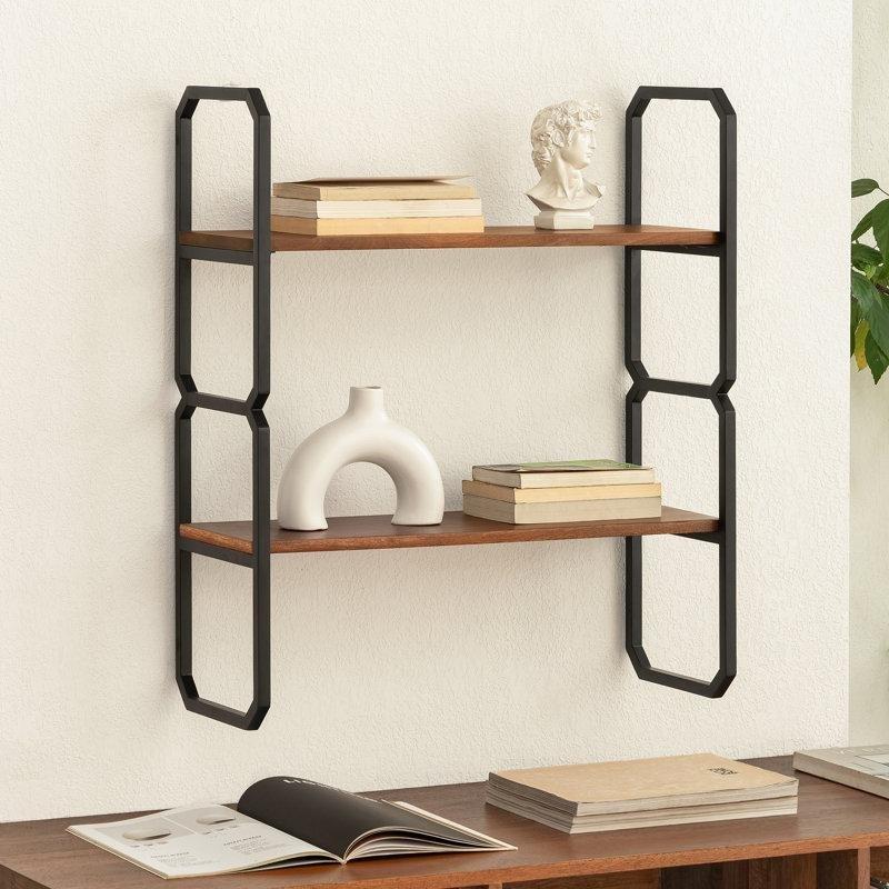 Masif Mango Ahşap ve Metal İki Katlı Duvar Rafı - 61 cm - 179516