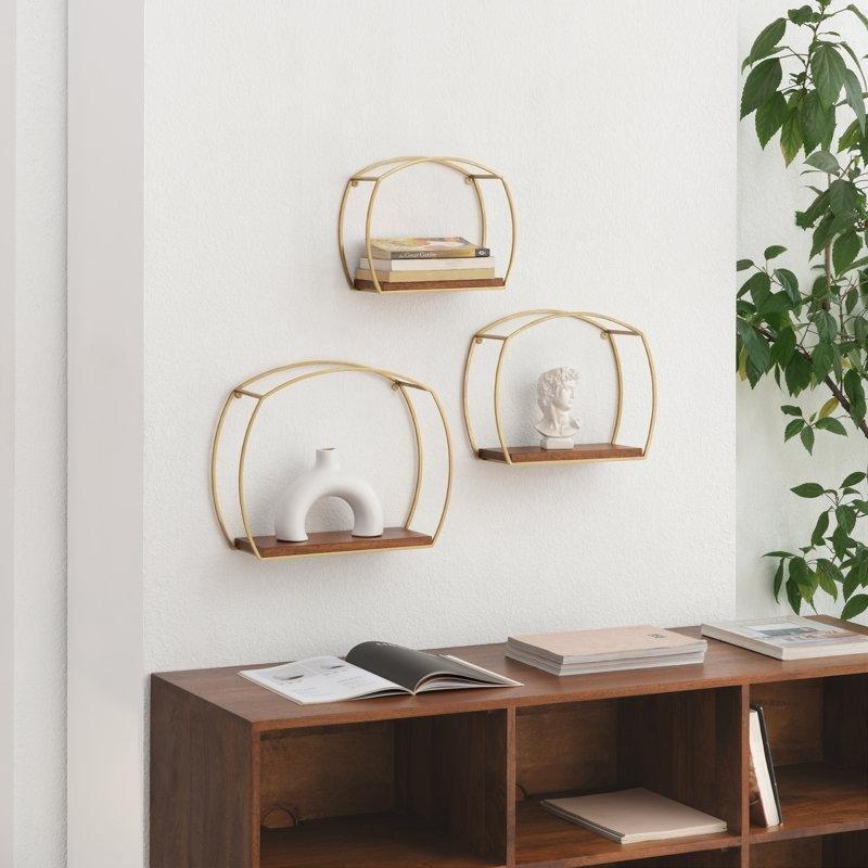 Masif Mango Ahşap ve Metal Yarım Daire Tasarımlı 3lü Set Duvar Rafı - 41 cm - 179756