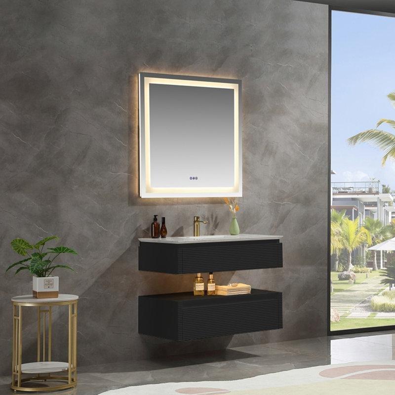 Masif Meşe LED Işıklı Çekmeceli Duvara Monte Banyo Lavabo Dolabı - 92 cm - 197585