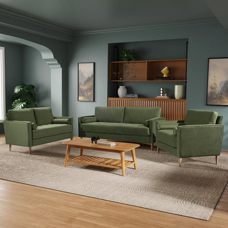 Masif Okaliptüs Ağacı Kapitoneli 3 Parça Mid-Century Modern Koltuk Takımı - 191720