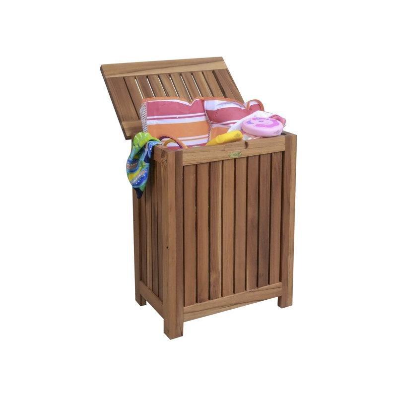 Masif Tik Ağacı Kapaklı ve Çıkarılabilir Torbalı Çamaşır Sepeti - 52x34x72 cm - 187819