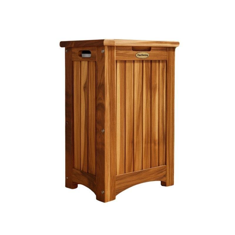 Masif Tik Ağacı Kapaklı ve Çıkarılabilir Torbalı Çamaşır Sepeti - 52x34x72 cm - 187819