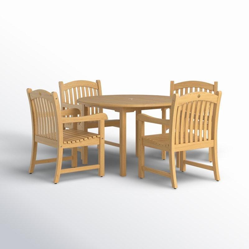 Masif Tik Ağacı Yuvarlak Masalı Şemsiye Delikli 4 Kişilik Bahçe Masa Takımı - 120 cm - 215777