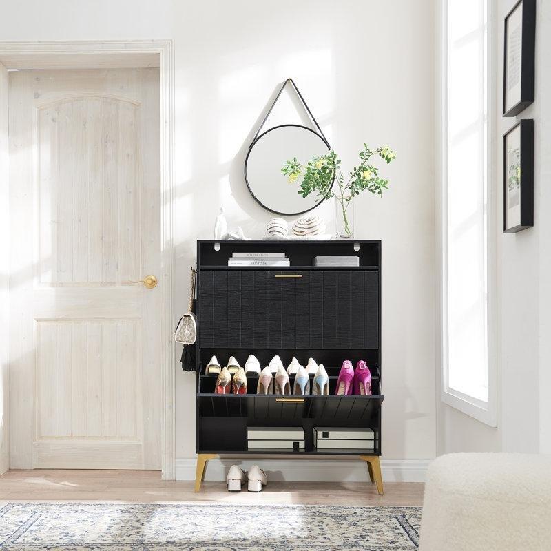 Masif ve Endüstriyel Ahşap 16 Çift Kapasiteli Düşer Kapaklı Ayakkabılık - 81x25x113 cm - 228564