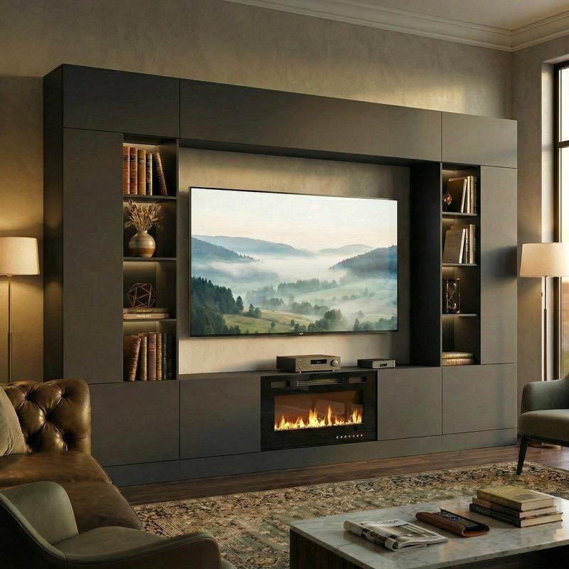 Masif ve Endüstriyel Ahşap LED Aydınlatmalı ve Elektrikli Şömineli Tv Ünitesi - 291 cm - 221764