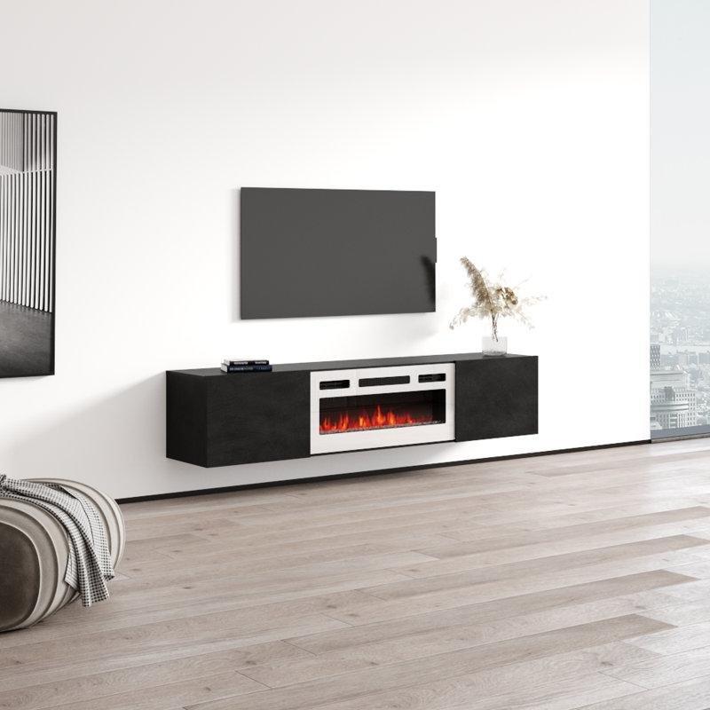 Mat Beton ve Koyu Renk Yonga Levha Duvara Monte Elektrikli Şömineli TV Ünitesi - 181 cm - 220146