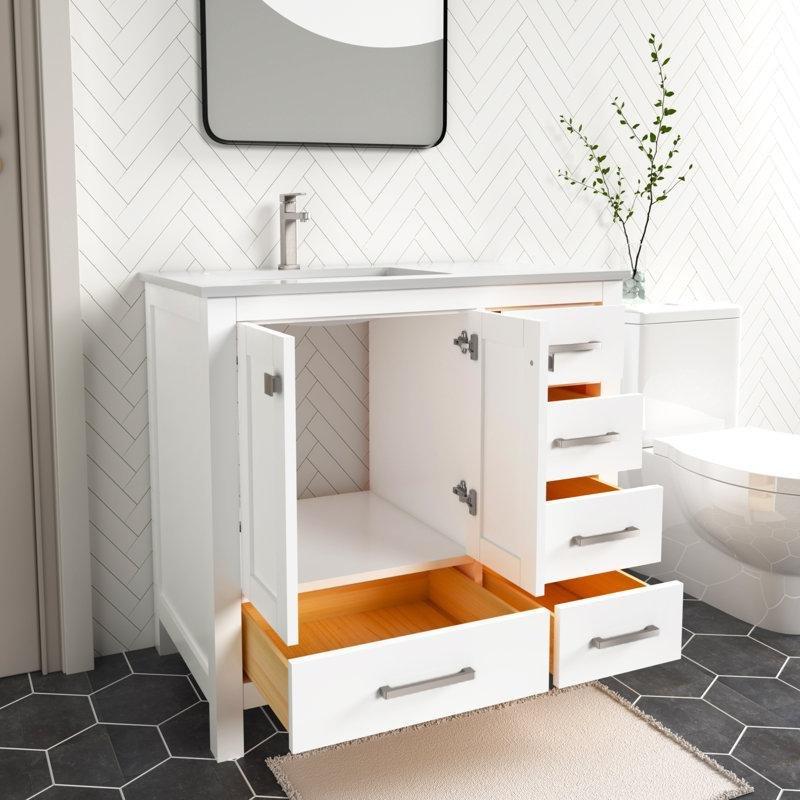 Mat Beyaz Kuvars Tezgahlı Masif Ahşap 5 Çekmeceli Ayaklı Banyo Lavabo Dolabı - 92 cm - 199094