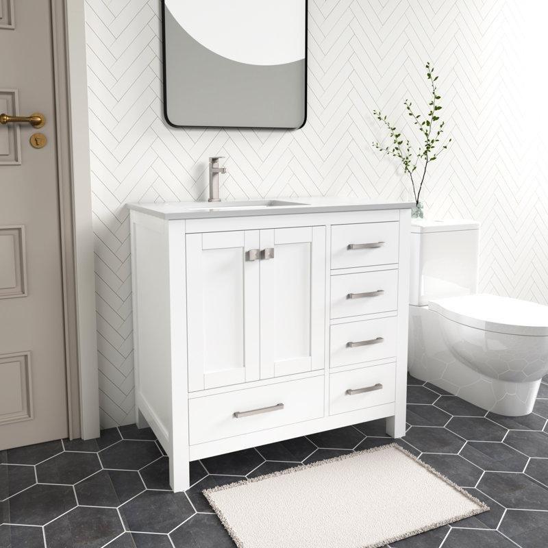 Mat Beyaz Kuvars Tezgahlı Masif Ahşap 5 Çekmeceli Ayaklı Banyo Lavabo Dolabı - 92 cm - 199094