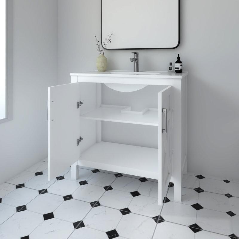 Mat Beyaz Masif Ahşap Seramik Tezgahlı Ayaklı Banyo Lavabo Dolabı - 92 cm - 199741
