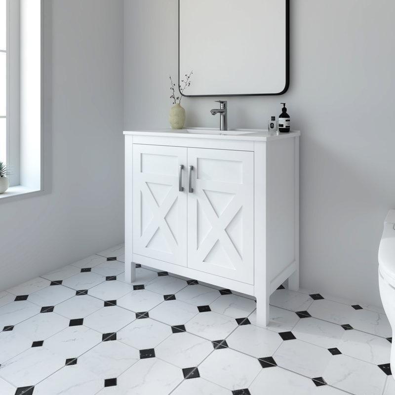 Mat Beyaz Masif Ahşap Seramik Tezgahlı Ayaklı Banyo Lavabo Dolabı - 92 cm - 199741