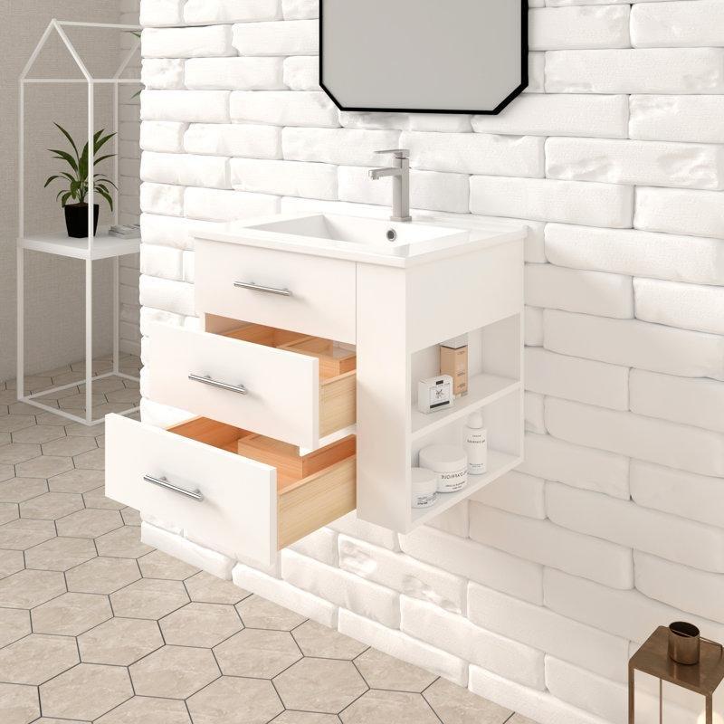 Mat Beyaz Masif Ahşap Seramik Tezgahlı Duvara Monte Çekmeceli ve Raflı Banyo Lavabo Dolabı - 61 cm - 199116