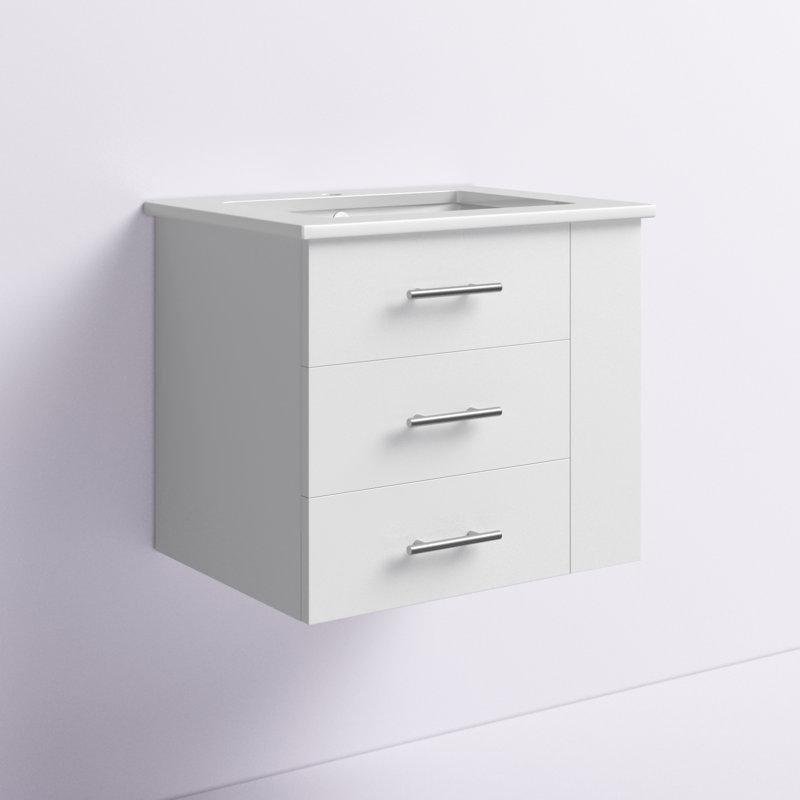 Mat Beyaz Masif Ahşap Seramik Tezgahlı Duvara Monte Çekmeceli ve Raflı Banyo Lavabo Dolabı - 61 cm - 199116